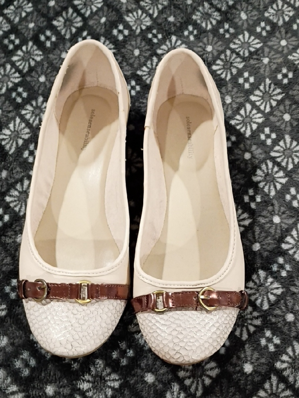 Women's Cream Ballet Flats with Brown Buckle Detail